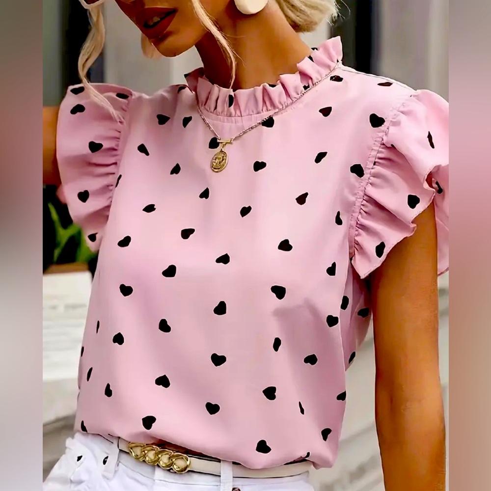 *BRAND NEW* Heart Print Ruffle Trim Blouse, Casual Loose Blouse For Summer XL